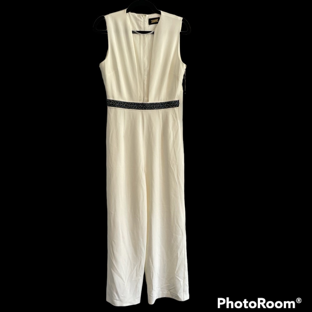 NWT Alexia Admor Jumpsuit.White with Blue/Black Jewel Belt.Size Small.Mesh Front